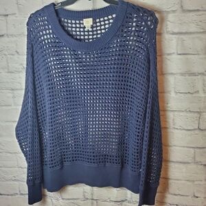 a new day Open Weave Long Sleeve Crochet Summer Sweater Top, XXL, Navy Blue